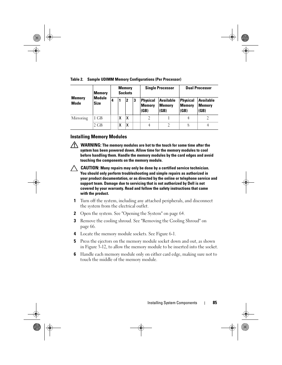 Installing memory modules | Dell PowerVault DL2200 CommVault User Manual | Page 85 / 164