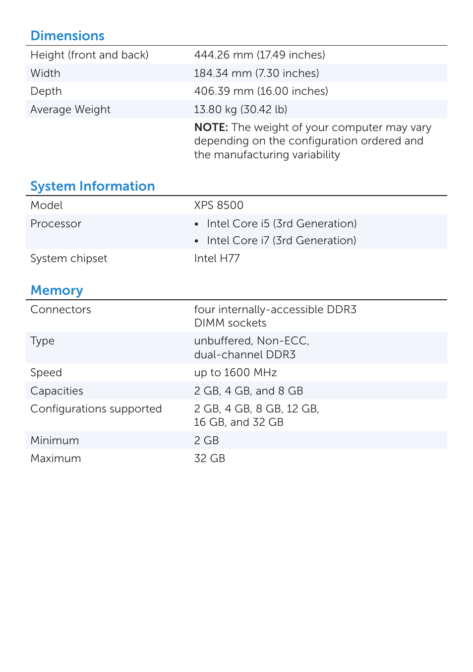 Dimensions, System information | Dell XPS 8500 (Early 2012) User Manual | Page 2 / 5