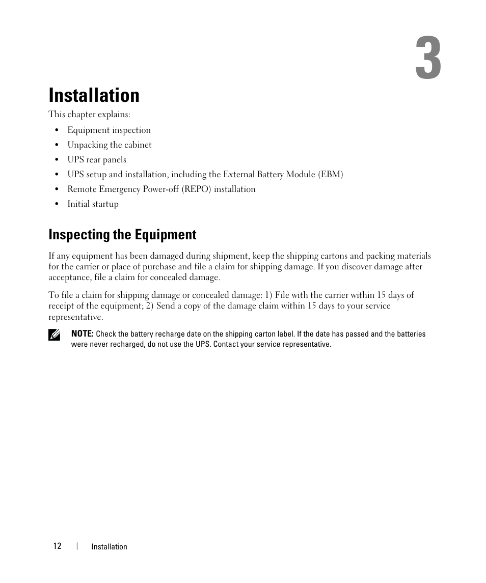 Installation, Inspecting the equipment | Dell UPS 1000R User Manual | Page 12 / 73