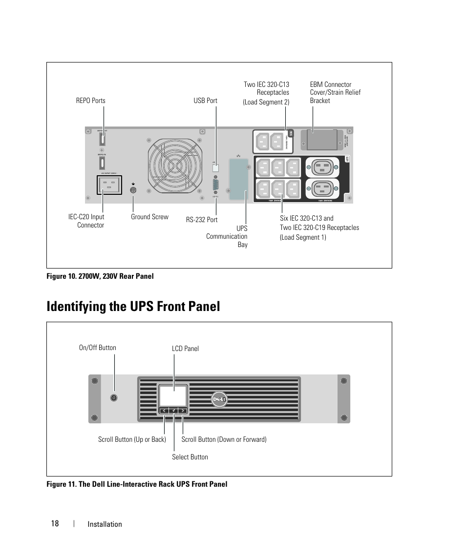 Identifying the ups front panel | Dell UPS 1000R User Manual | Page 18 / 73