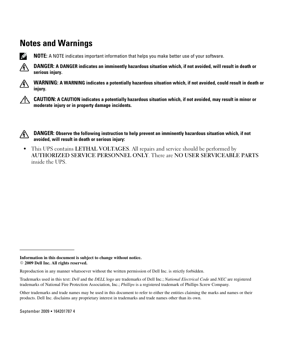 Notes and warnings | Dell UPS 1000R User Manual | Page 2 / 73