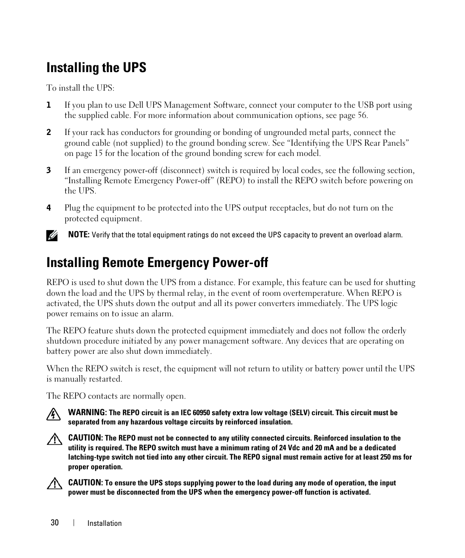 Installing the ups, Installing remote emergency power-off | Dell UPS 1000R User Manual | Page 30 / 73