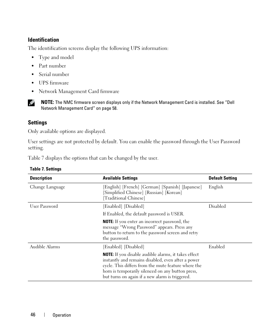 Identification, Settings | Dell UPS 1000R User Manual | Page 46 / 73
