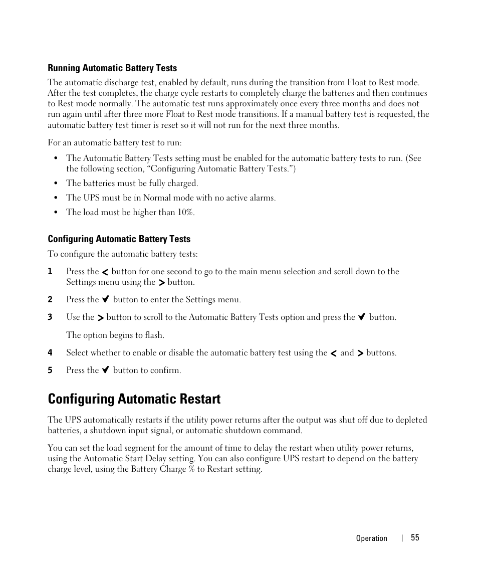 Running automatic battery tests, Configuring automatic battery tests, Configuring automatic restart | Dell UPS 1000R User Manual | Page 55 / 73