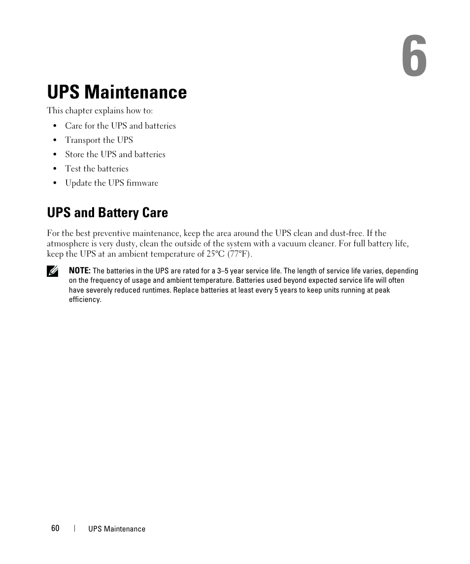 Ups maintenance, Ups and battery care | Dell UPS 1000R User Manual | Page 60 / 73