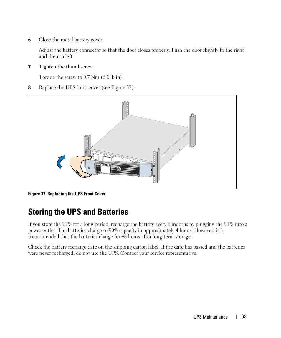 Storing the ups and batteries | Dell UPS 1000R User Manual | Page 63 / 73