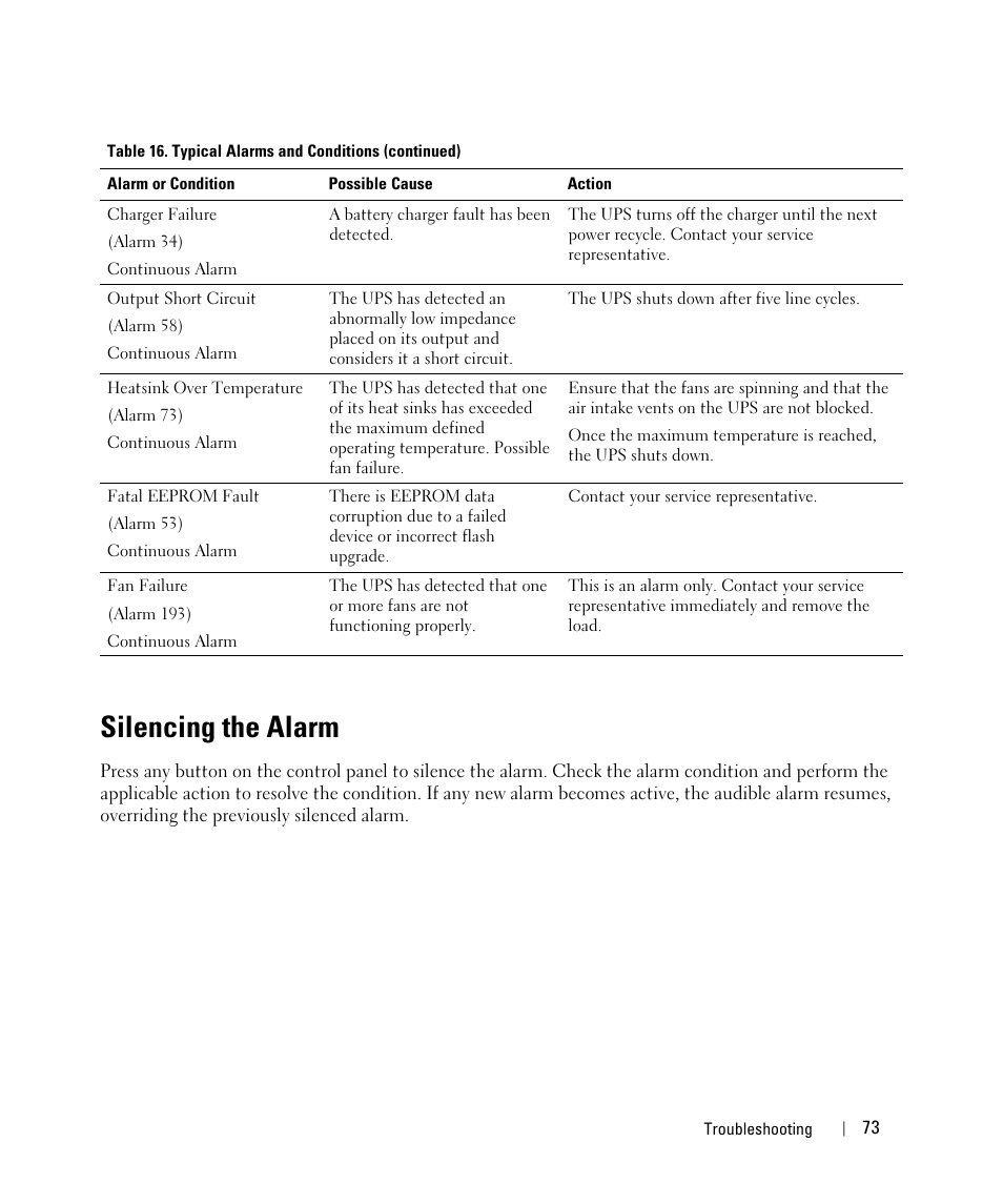 Silencing the alarm | Dell UPS 1000R User Manual | Page 73 / 73
