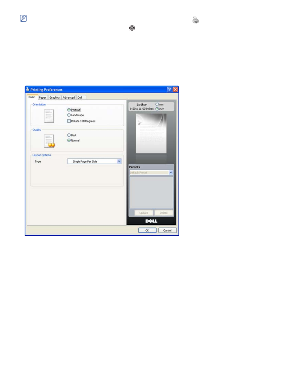 Opening printing preferences, Using a favorite setting | Dell 1130 Laser Mono Printer User Manual | Page 47 / 103