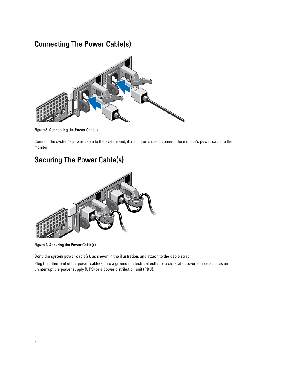 Connecting the power cable(s), Securing the power cable(s) | Dell Powervault NX400 User Manual | Page 4 / 8