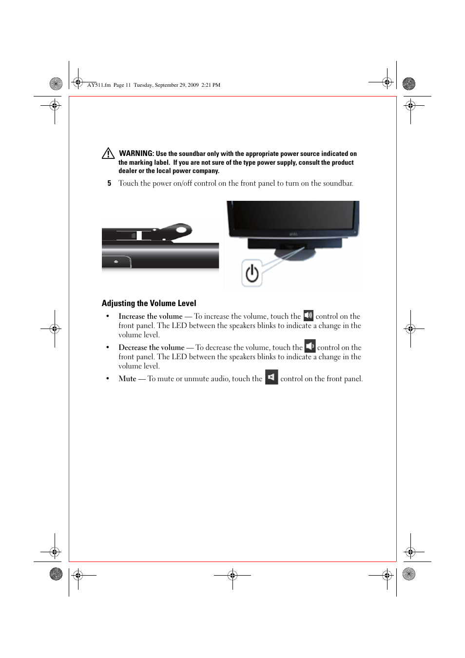Adjusting the volume level | Dell FDP SoundBar with Virtual Surround (AY511) User Manual | Page 3 / 12
