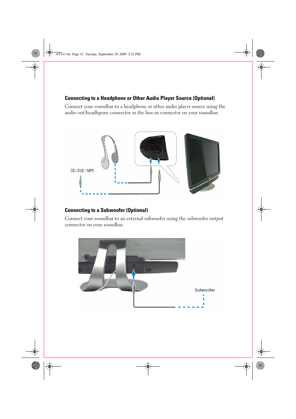 Connecting to a subwoofer (optional) | Dell FDP SoundBar with Virtual Surround (AY511) User Manual | Page 4 / 12