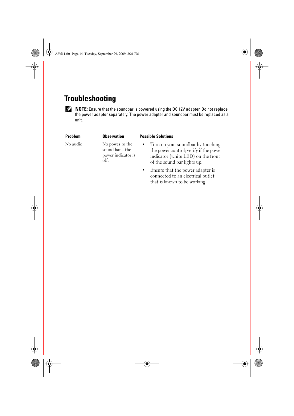 Troubleshooting | Dell FDP SoundBar with Virtual Surround (AY511) User Manual | Page 6 / 12