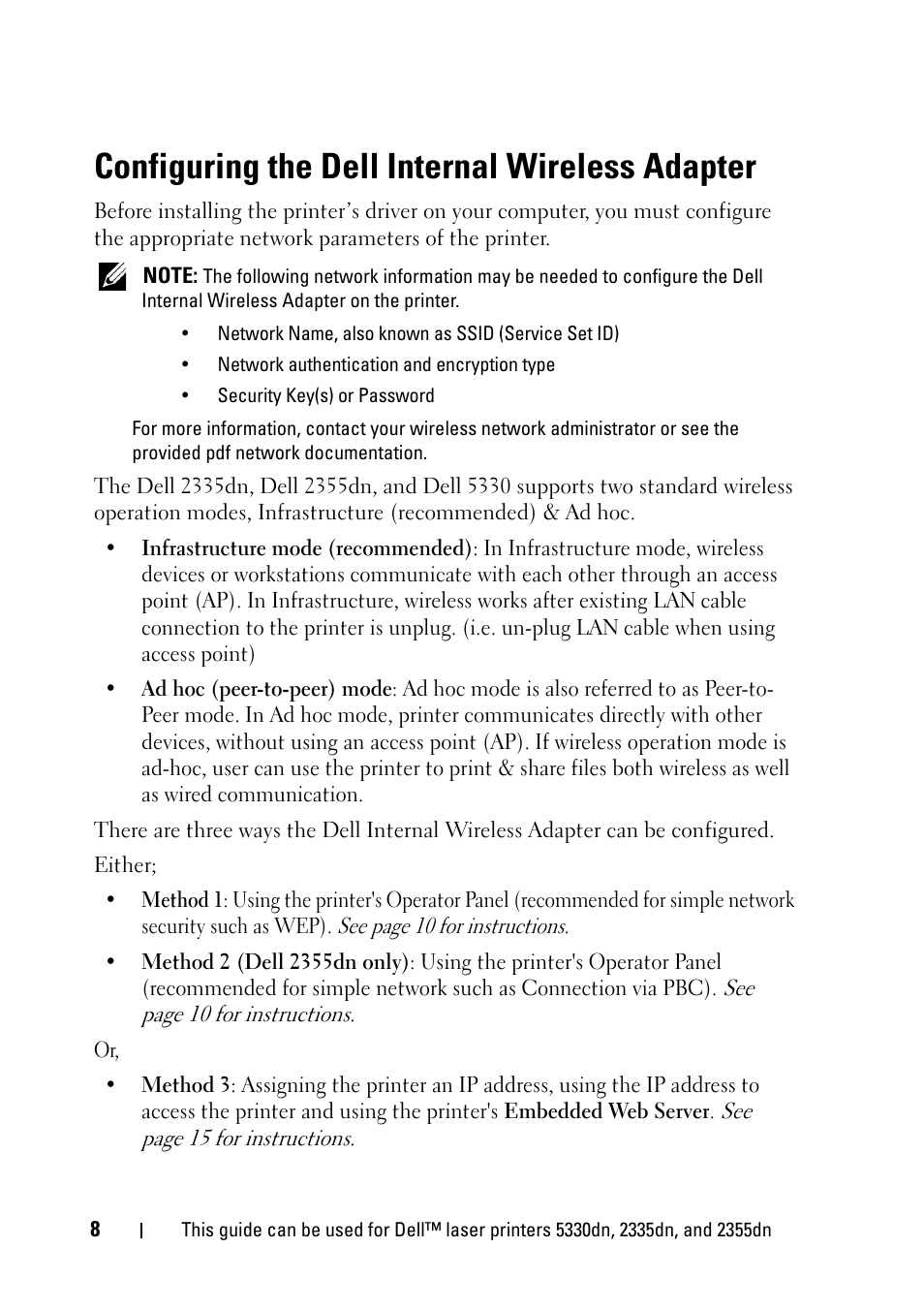 Configuring the dell internal wireless adapter | Dell 2355dn Multifunction Mono Laser Printer User Manual | Page 10 / 68