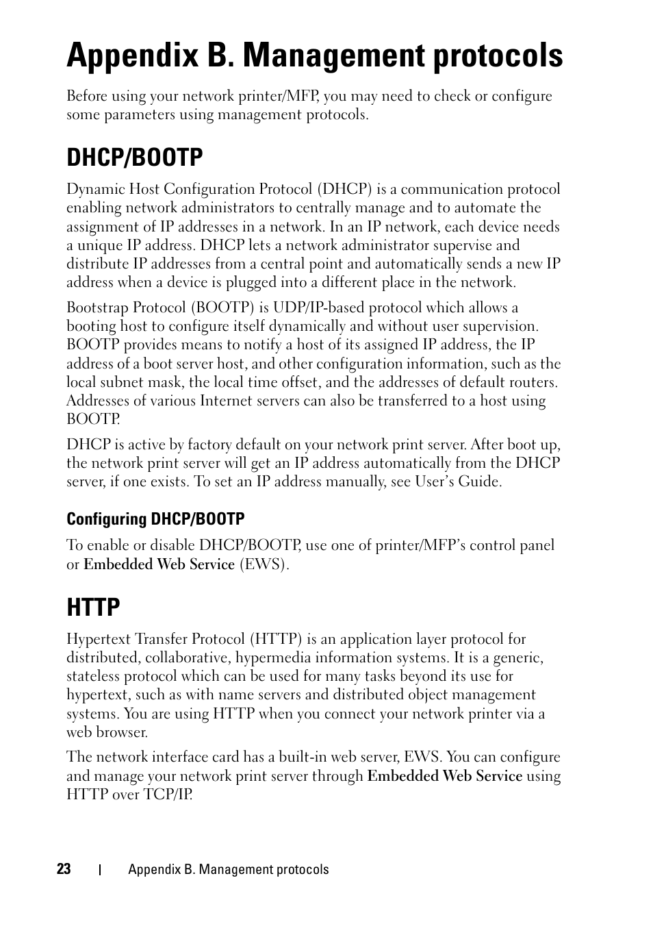 Appendix b. management protocols, Dhcp/bootp, Configuring dhcp/bootp | Http, Dhcp/bootp http | Dell 2355dn Multifunction Mono Laser Printer User Manual | Page 25 / 68