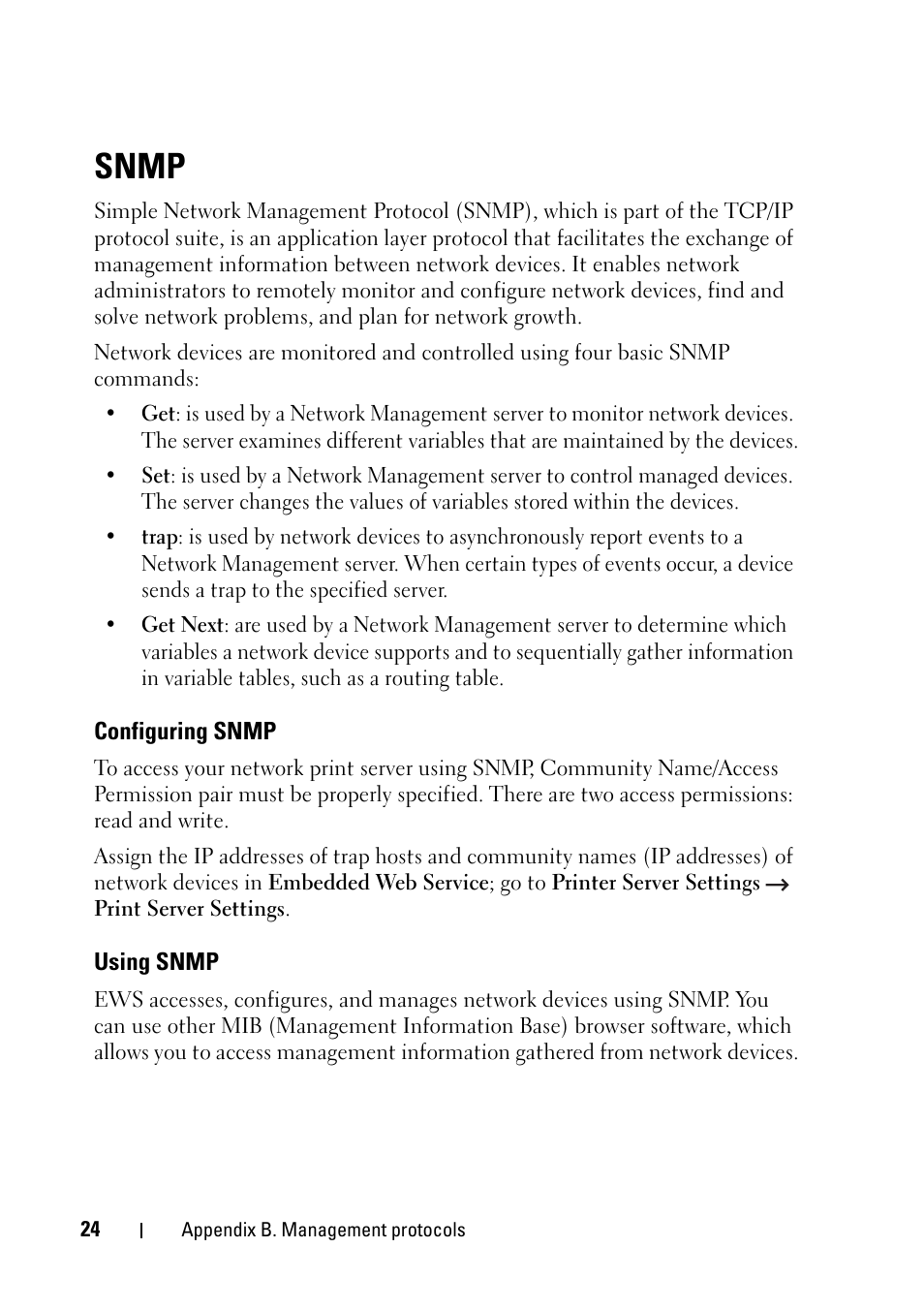 Snmp, Configuring snmp, Using snmp | Dell 2355dn Multifunction Mono Laser Printer User Manual | Page 26 / 68