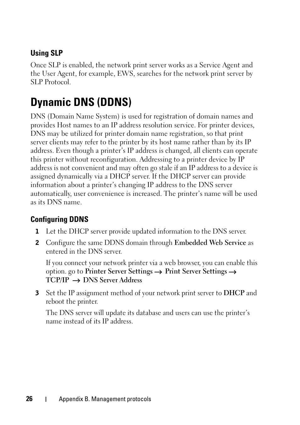 Using slp, Dynamic dns (ddns), Configuring ddns | Dell 2355dn Multifunction Mono Laser Printer User Manual | Page 28 / 68