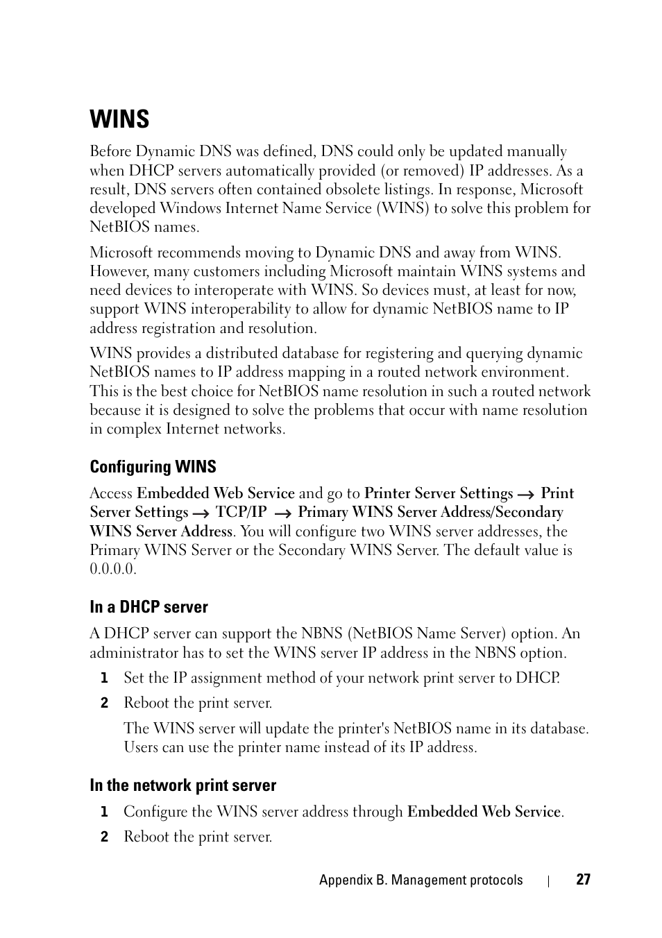 Wins, Configuring wins, In a dhcp server | In the network print server | Dell 2355dn Multifunction Mono Laser Printer User Manual | Page 29 / 68