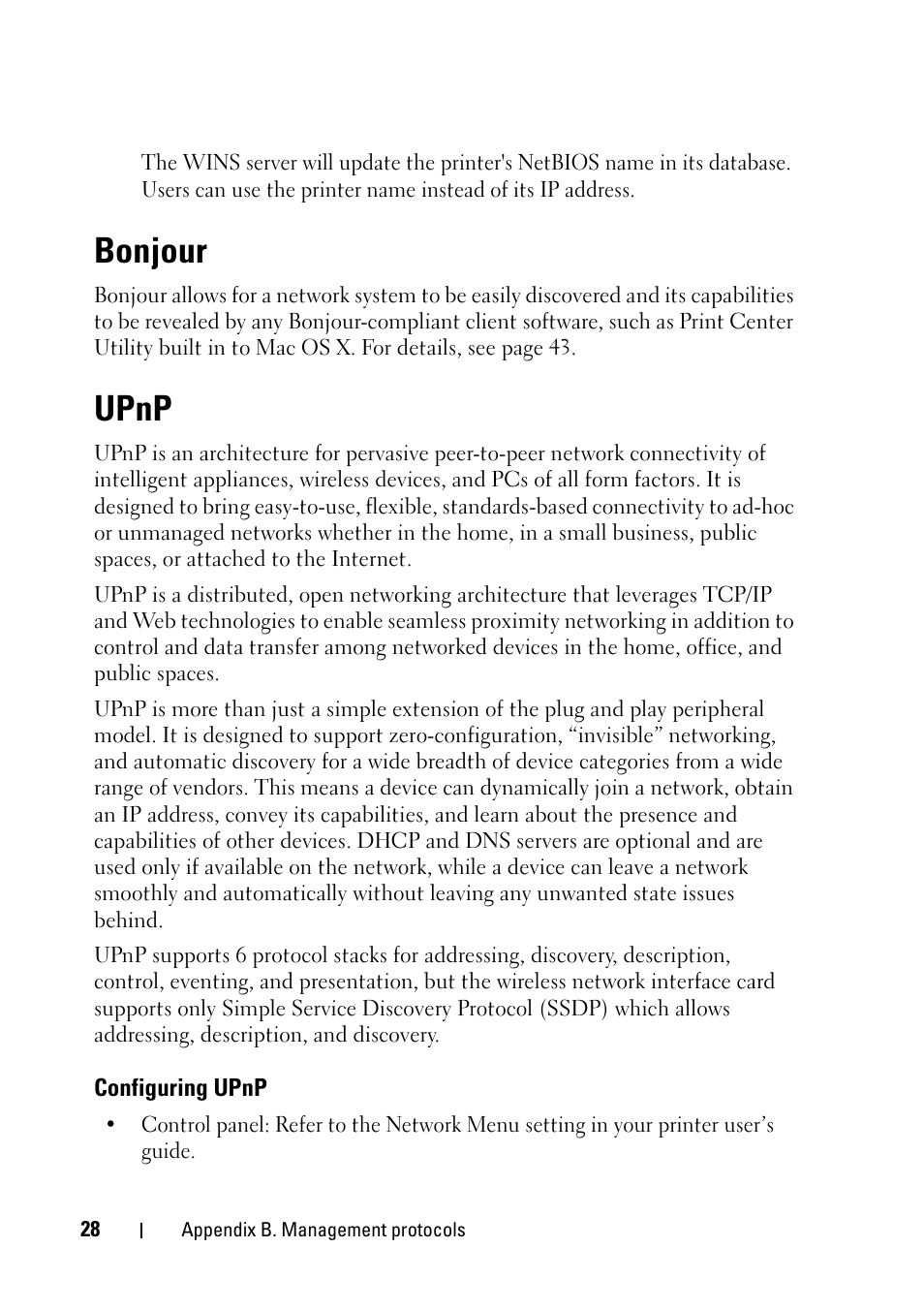 Bonjour, Upnp, Configuring upnp | Bonjour upnp | Dell 2355dn Multifunction Mono Laser Printer User Manual | Page 30 / 68