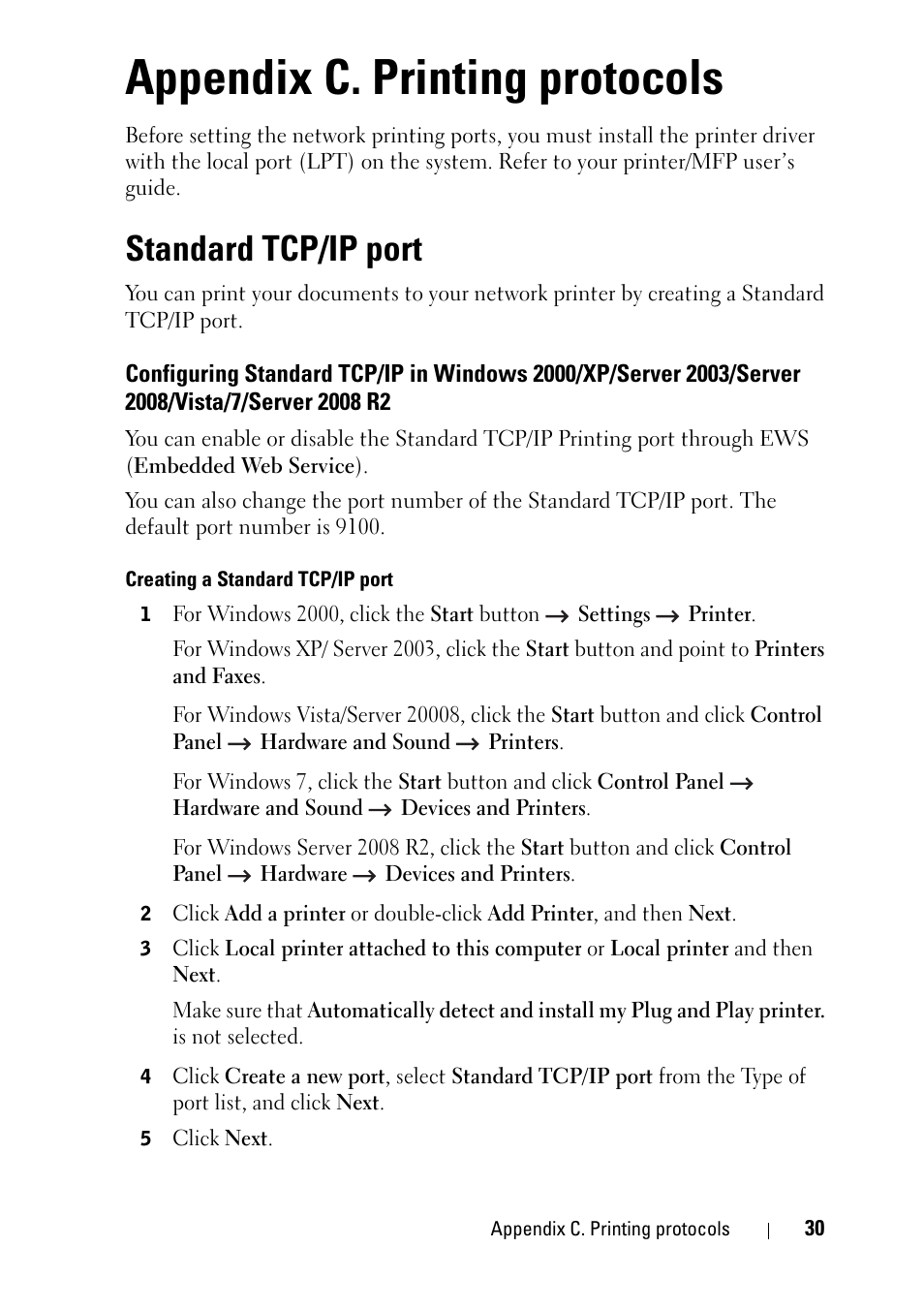 Appendix c. printing protocols, Standard tcp/ip port | Dell 2355dn Multifunction Mono Laser Printer User Manual | Page 32 / 68