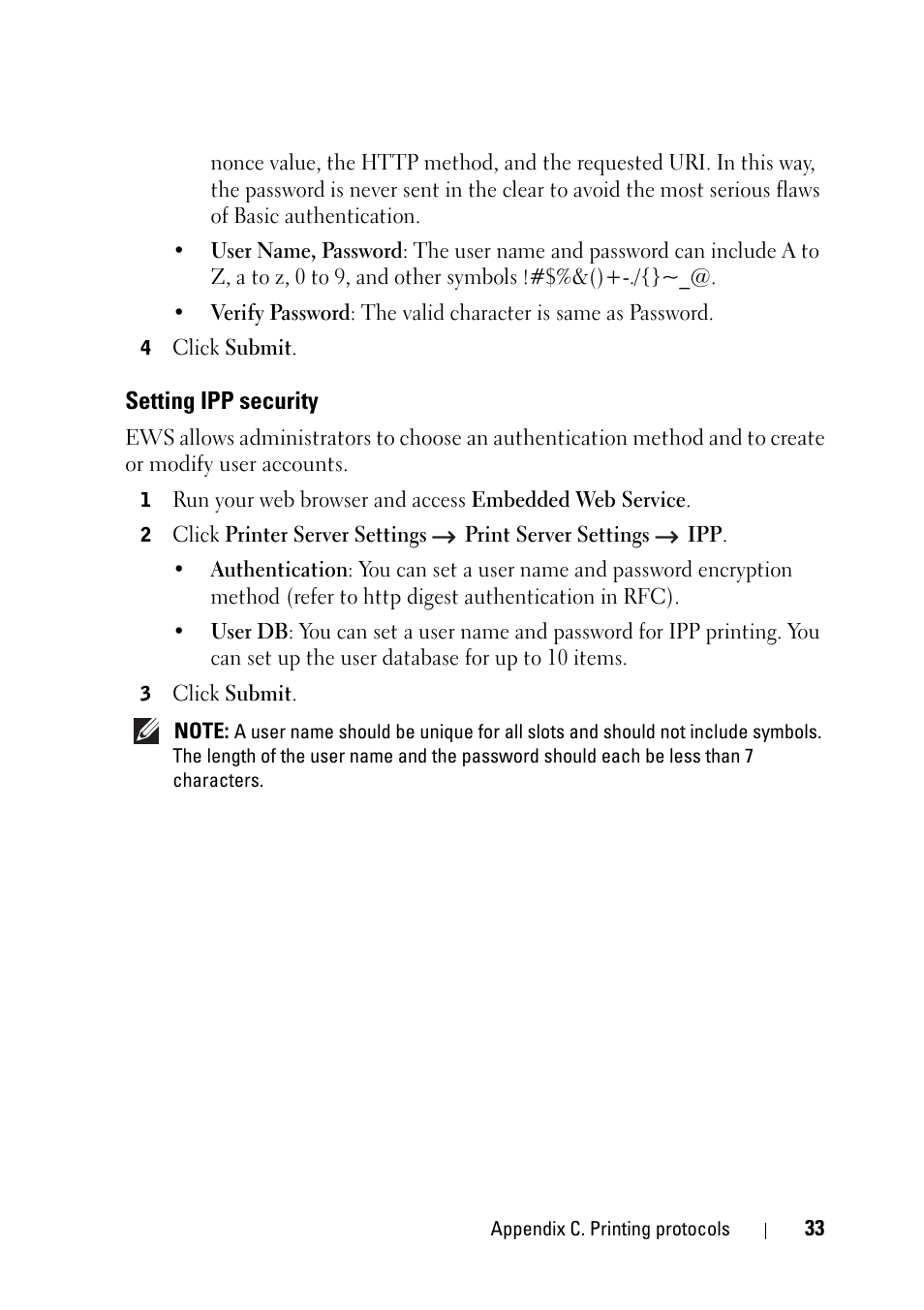 Setting ipp security | Dell 2355dn Multifunction Mono Laser Printer User Manual | Page 35 / 68