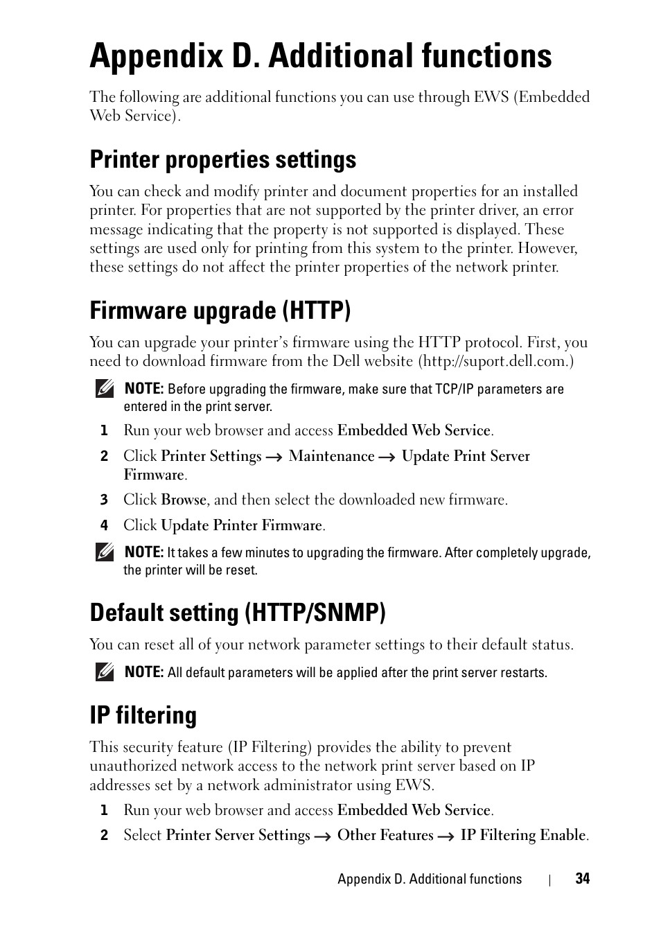 Appendix d. additional functions, Printer properties settings, Firmware upgrade (http) | Default setting (http/snmp), Ip filtering | Dell 2355dn Multifunction Mono Laser Printer User Manual | Page 36 / 68