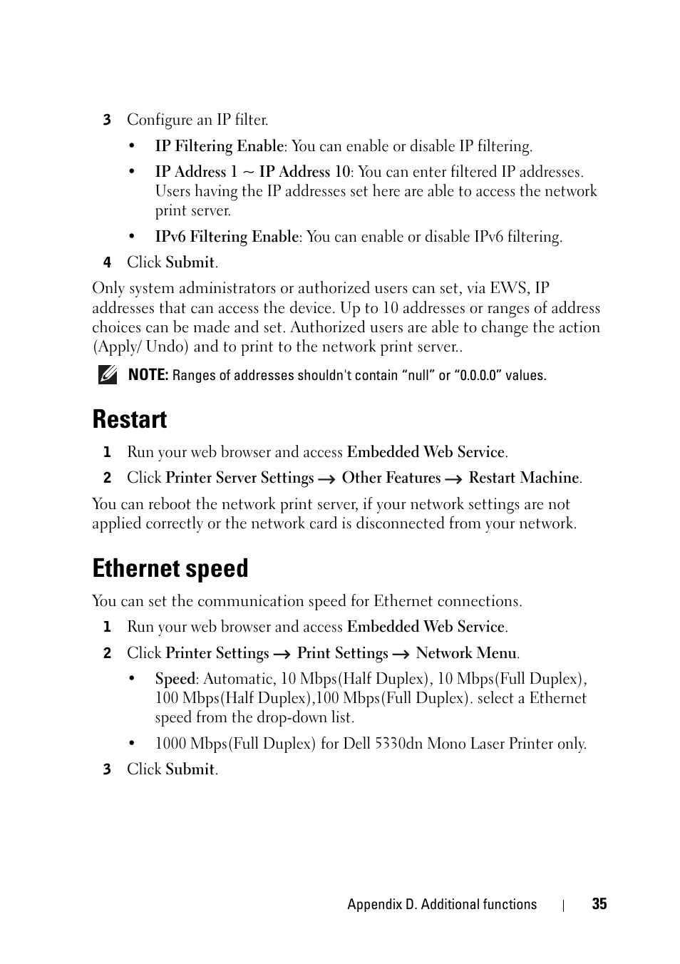 Restart, Ethernet speed, Restart ethernet speed | Dell 2355dn Multifunction Mono Laser Printer User Manual | Page 37 / 68