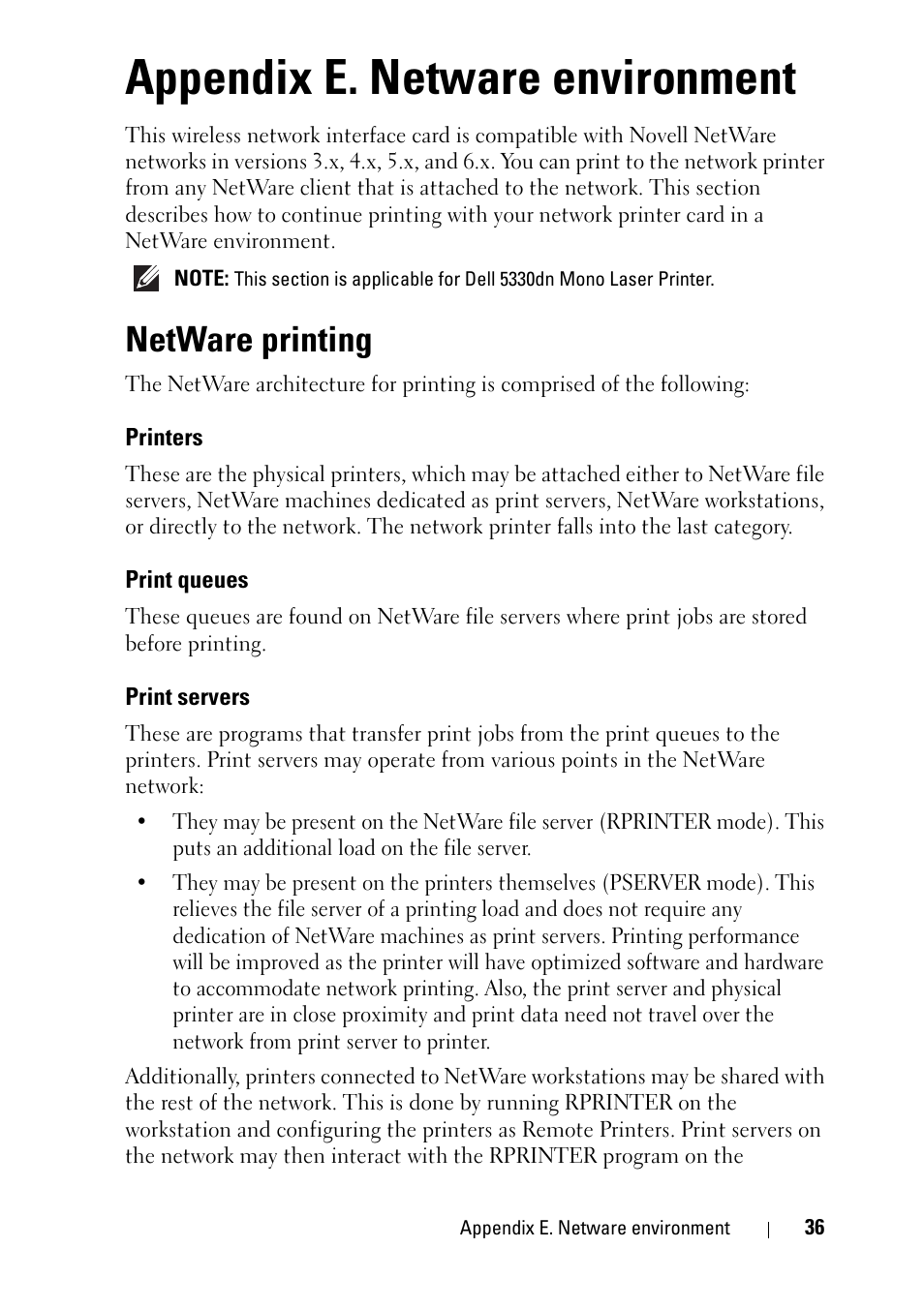 Appendix e. netware environment, Netware printing, Printers | Print queues, Print servers | Dell 2355dn Multifunction Mono Laser Printer User Manual | Page 38 / 68