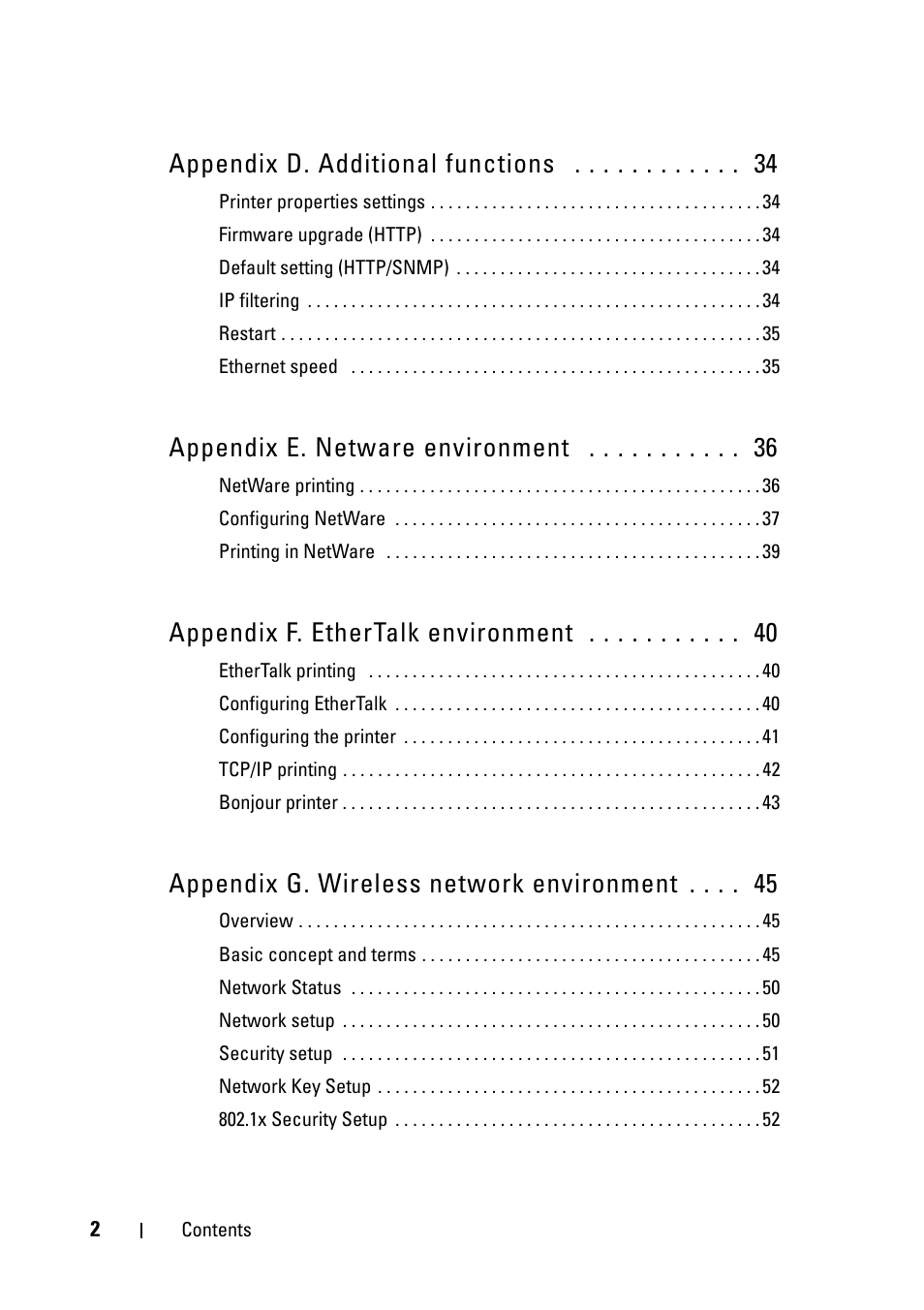 Appendix d. additional functions, Appendix e. netware environment, Appendix f. ethertalk environment | Appendix g. wireless network environment | Dell 2355dn Multifunction Mono Laser Printer User Manual | Page 4 / 68