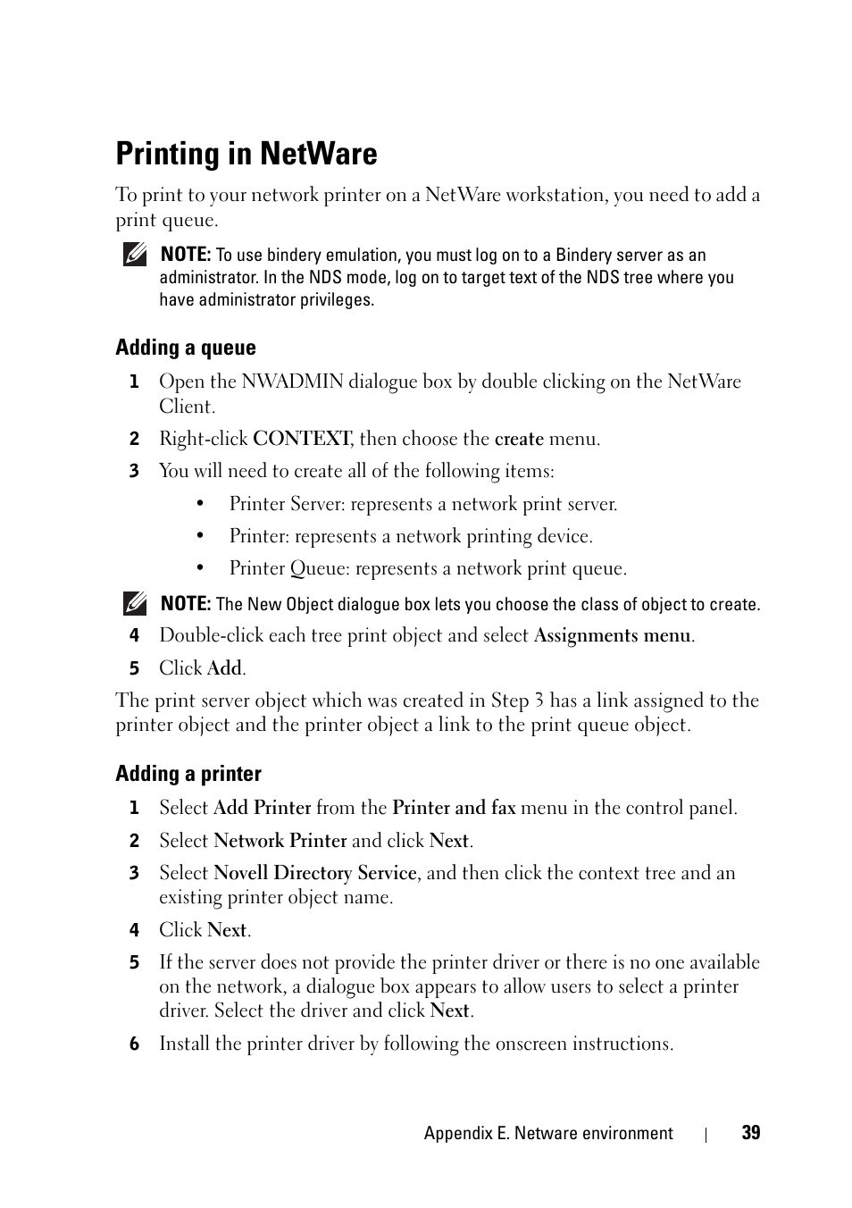 Printing in netware, Adding a queue, Adding a printer | Dell 2355dn Multifunction Mono Laser Printer User Manual | Page 41 / 68