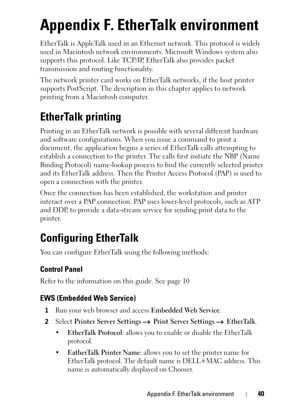 Appendix f. ethertalk environment, Ethertalk printing, Configuring ethertalk | Control panel, Ews (embedded web service), Ethertalk printing configuring ethertalk | Dell 2355dn Multifunction Mono Laser Printer User Manual | Page 42 / 68