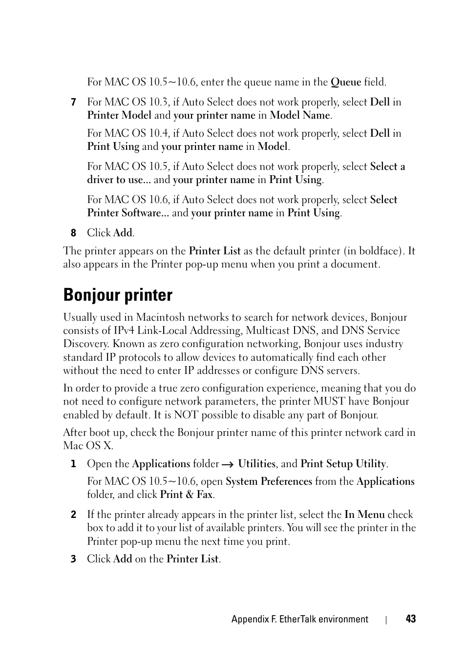 Bonjour printer | Dell 2355dn Multifunction Mono Laser Printer User Manual | Page 45 / 68
