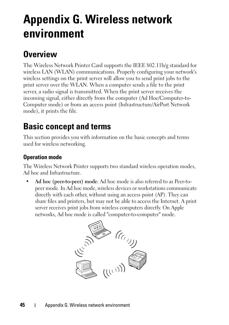 Appendix g. wireless network environment, Overview, Basic concept and terms | Operation mode, Overview basic concept and terms | Dell 2355dn Multifunction Mono Laser Printer User Manual | Page 47 / 68