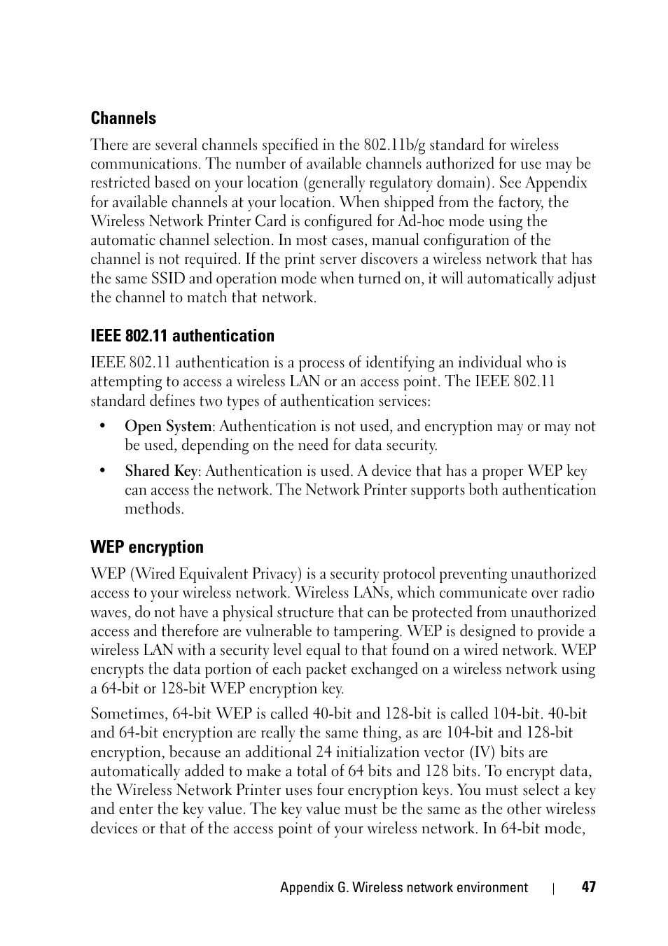 Channels, Ieee 802.11 authentication, Wep encryption | Dell 2355dn Multifunction Mono Laser Printer User Manual | Page 49 / 68