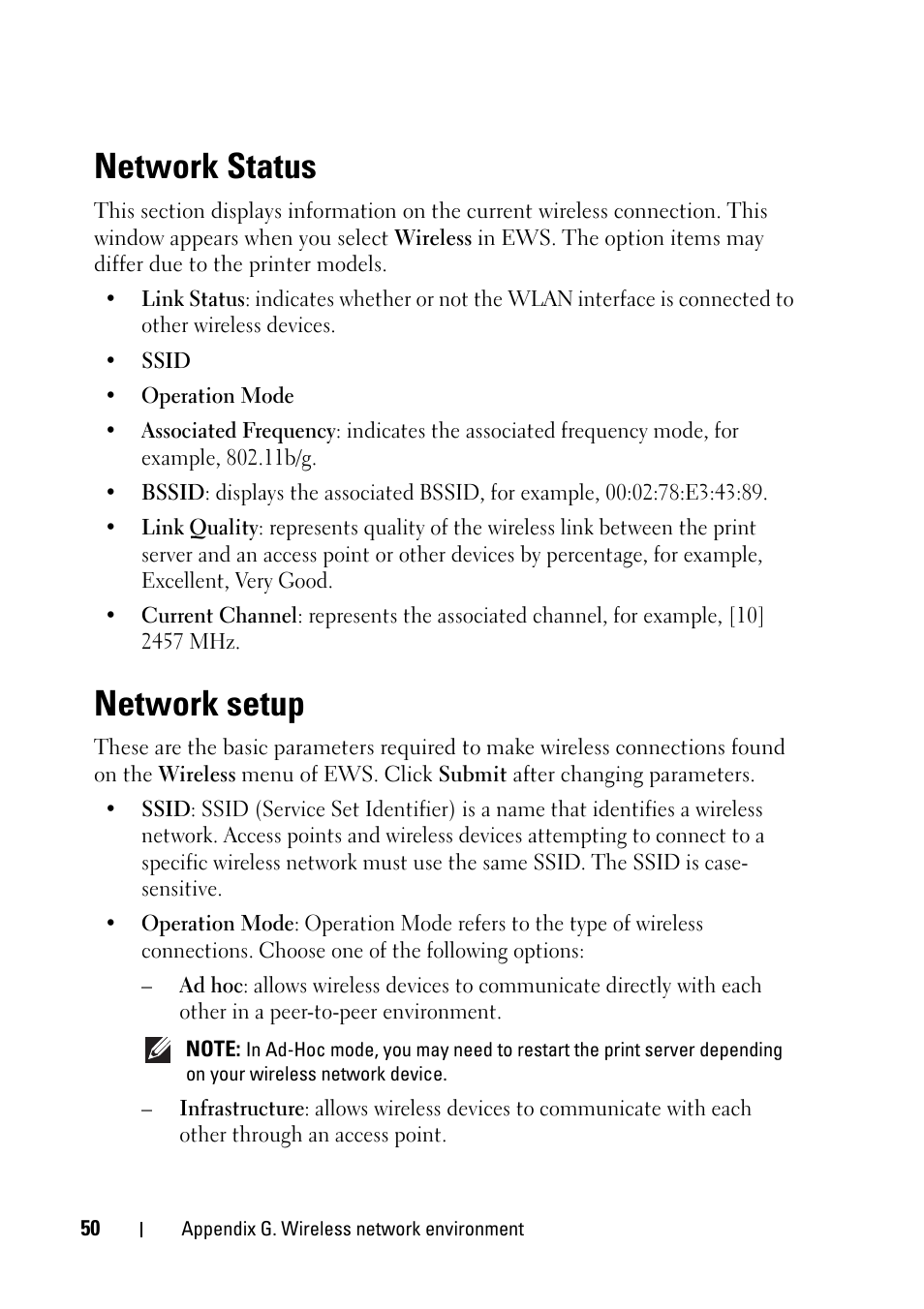 Network status, Network setup, Network status network setup | Dell 2355dn Multifunction Mono Laser Printer User Manual | Page 52 / 68