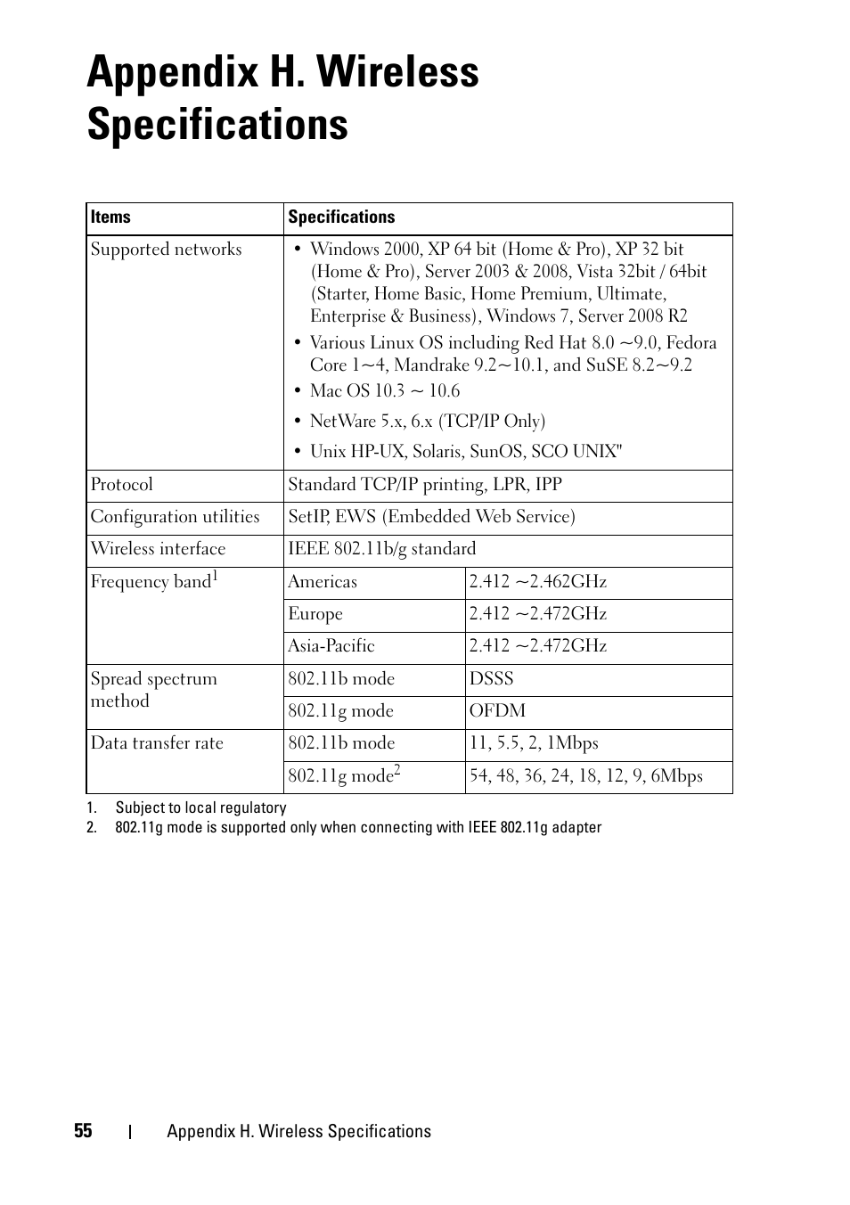 Appendix h. wireless specifications | Dell 2355dn Multifunction Mono Laser Printer User Manual | Page 57 / 68