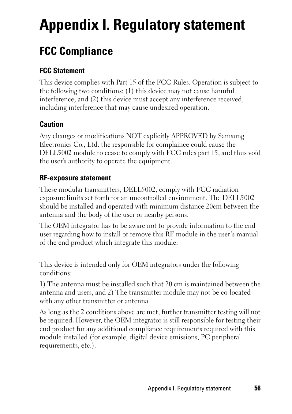 Appendix i. regulatory statement, Fcc compliance, Fcc statement | Caution, Rf-exposure statement | Dell 2355dn Multifunction Mono Laser Printer User Manual | Page 58 / 68