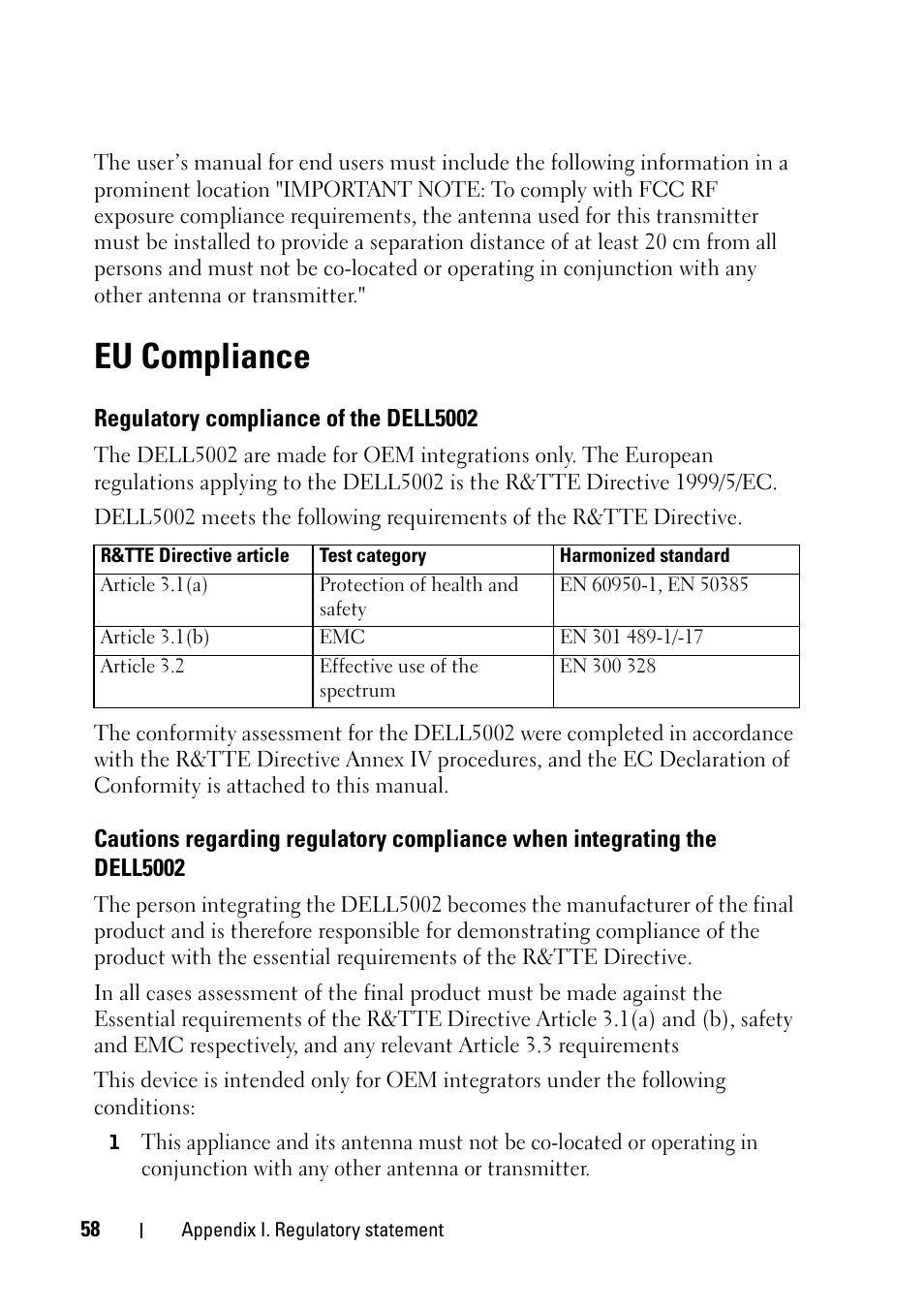 Eu compliance, Regulatory compliance of the dell5002 | Dell 2355dn Multifunction Mono Laser Printer User Manual | Page 60 / 68