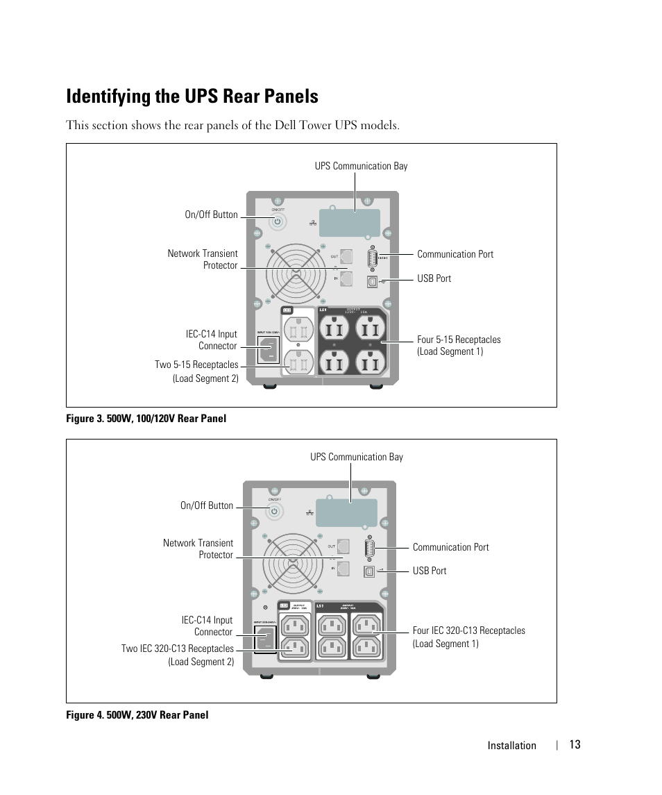 Identifying the ups rear panels | Dell UPS 1000T User Manual | Page 13 / 63