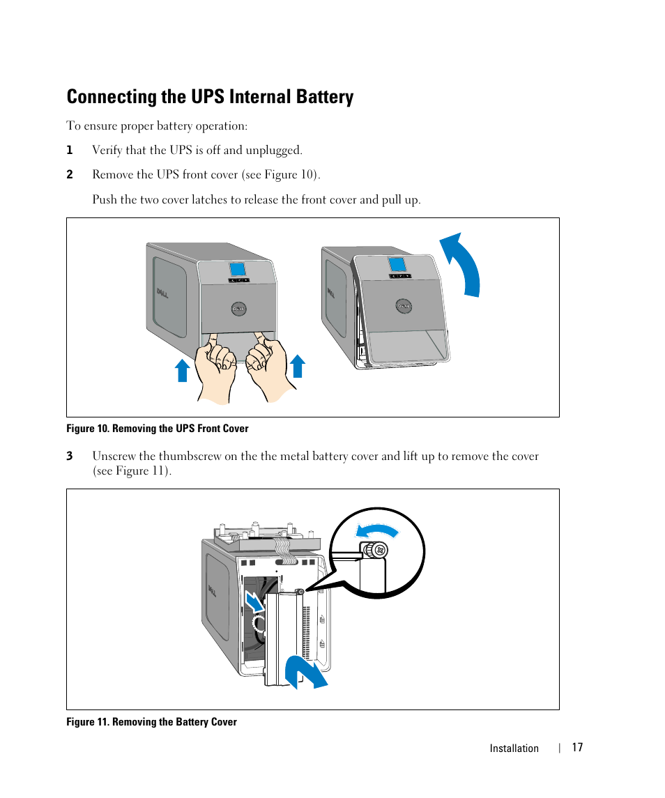 Connecting the ups internal battery | Dell UPS 1000T User Manual | Page 17 / 63