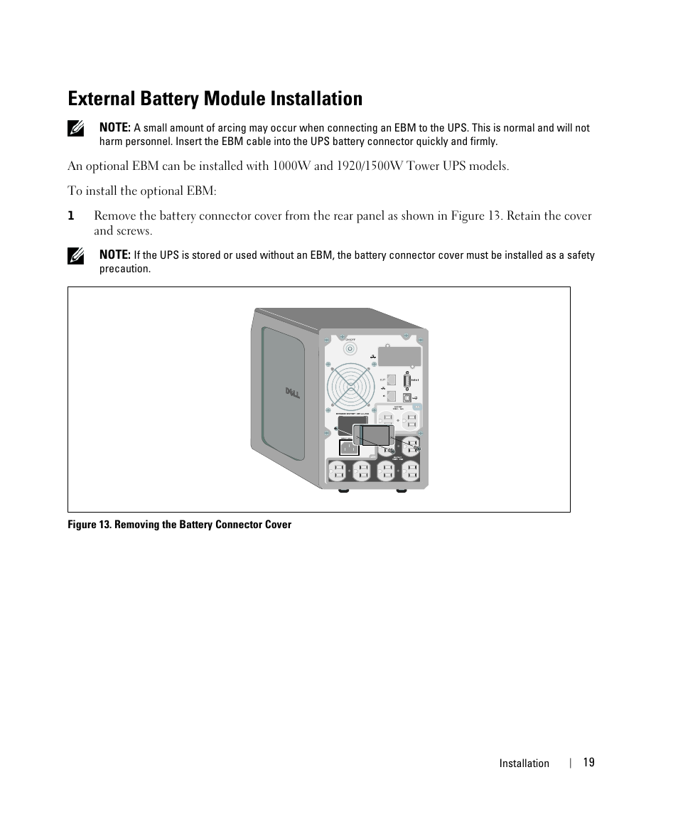 External battery module installation | Dell UPS 1000T User Manual | Page 19 / 63