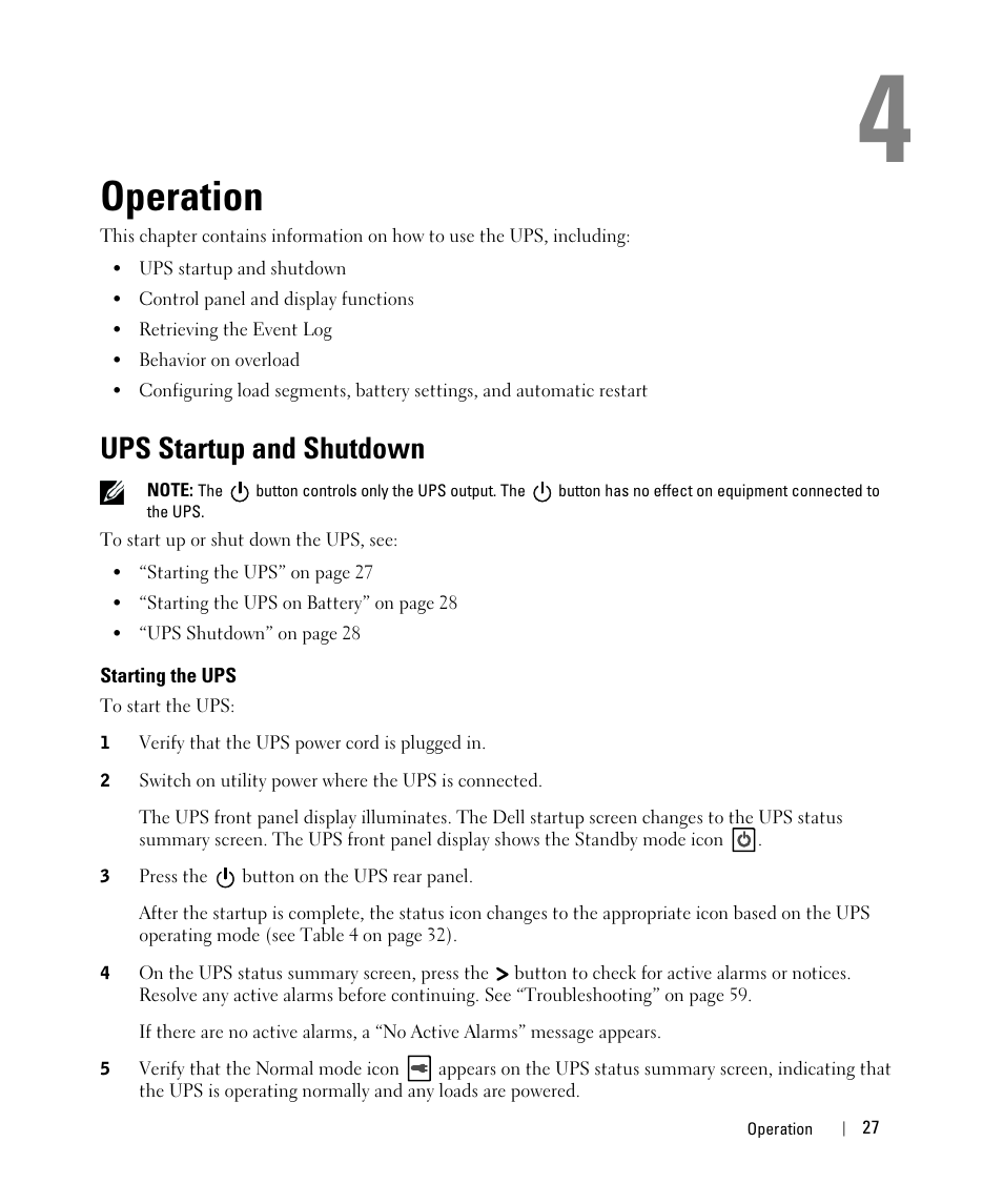 Operation, Ups startup and shutdown, Starting the ups | Dell UPS 1000T User Manual | Page 27 / 63