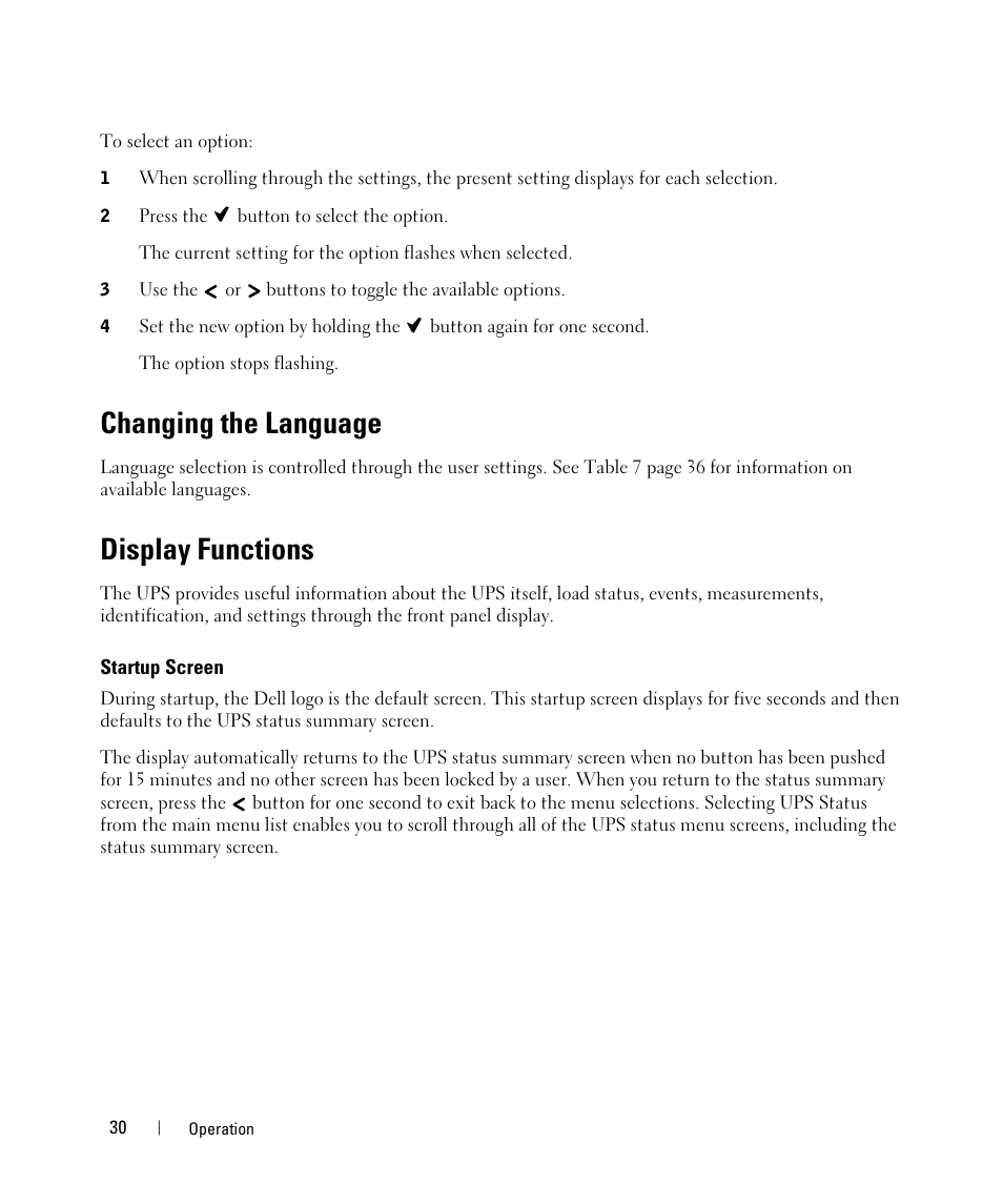 Changing the language, Display functions, Startup screen | Dell UPS 1000T User Manual | Page 30 / 63