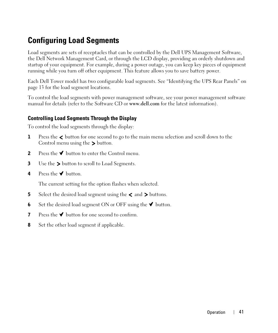 Configuring load segments, Controlling load segments through the display | Dell UPS 1000T User Manual | Page 41 / 63