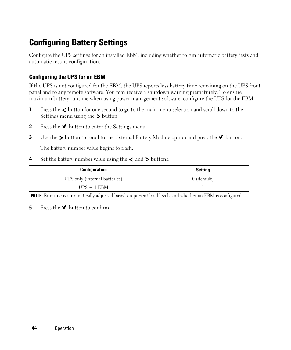 Configuring battery settings, Configuring the ups for an ebm | Dell UPS 1000T User Manual | Page 44 / 63