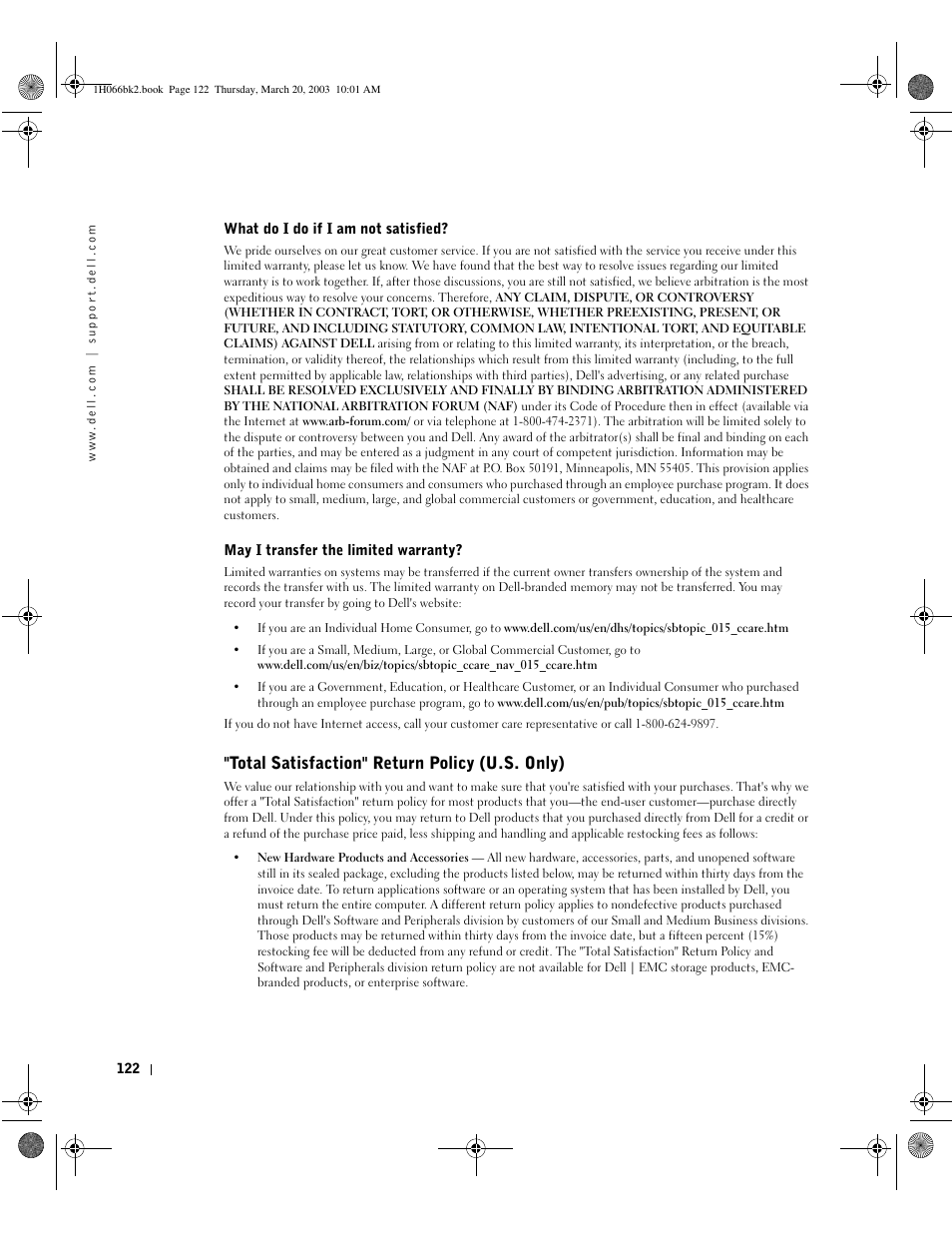 Total satisfaction" return policy (u.s. only) | Dell Inspiron 2650 User Manual | Page 122 / 134