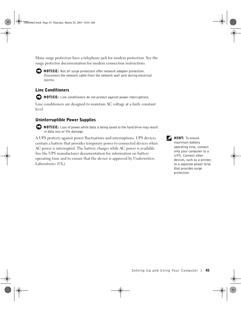 Line conditioners, Uninterruptible power supplies | Dell Inspiron 2650 User Manual | Page 45 / 134