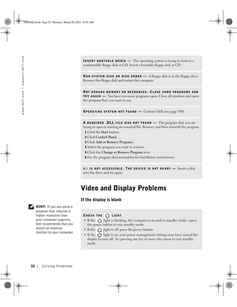 Video and display problems, If the display is blank | Dell Inspiron 2650 User Manual | Page 52 / 134