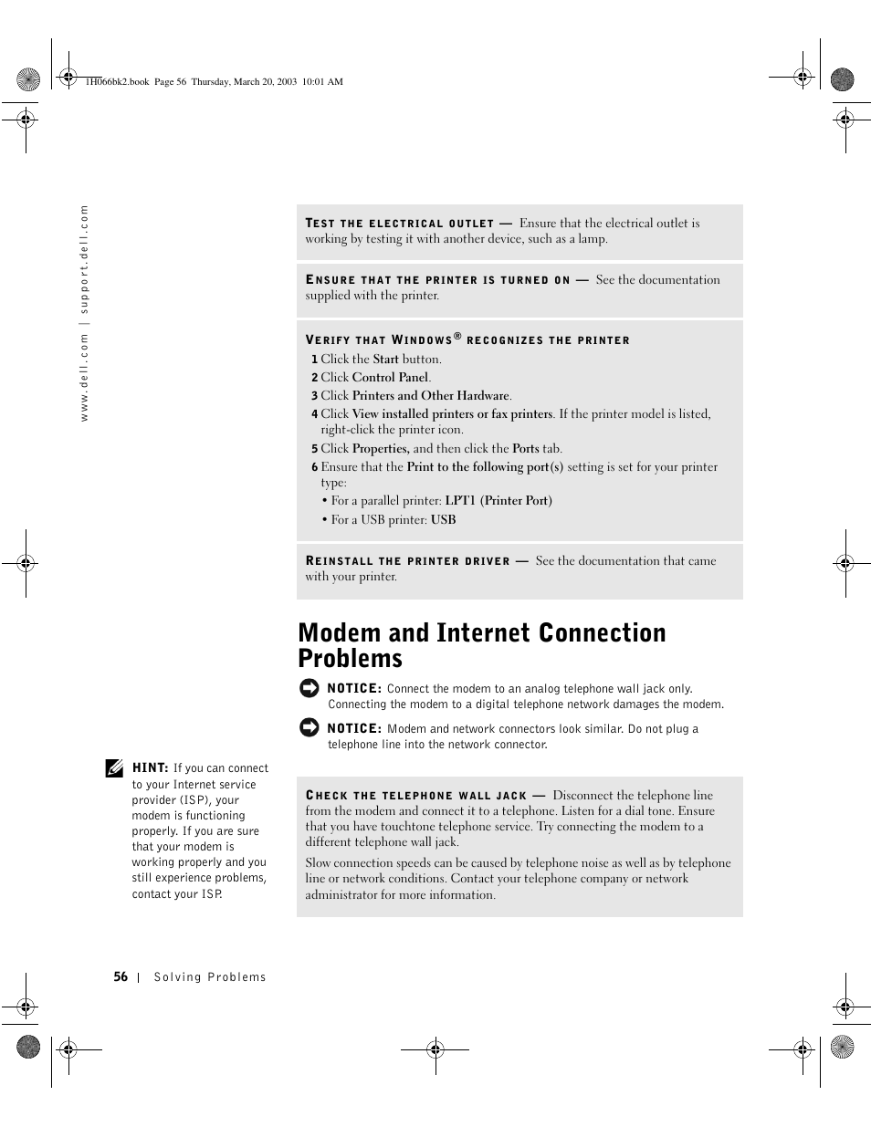 Modem and internet connection problems | Dell Inspiron 2650 User Manual | Page 56 / 134