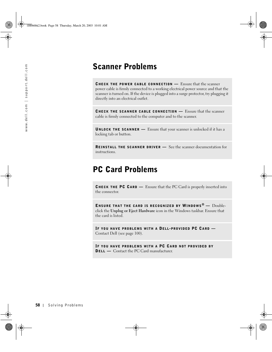 Scanner problems, Pc card problems, Scanner problems pc card problems | Dell Inspiron 2650 User Manual | Page 58 / 134