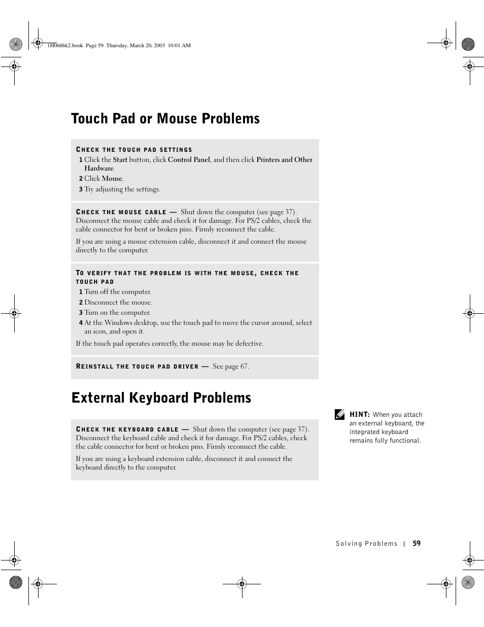 Touch pad or mouse problems, External keyboard problems | Dell Inspiron 2650 User Manual | Page 59 / 134